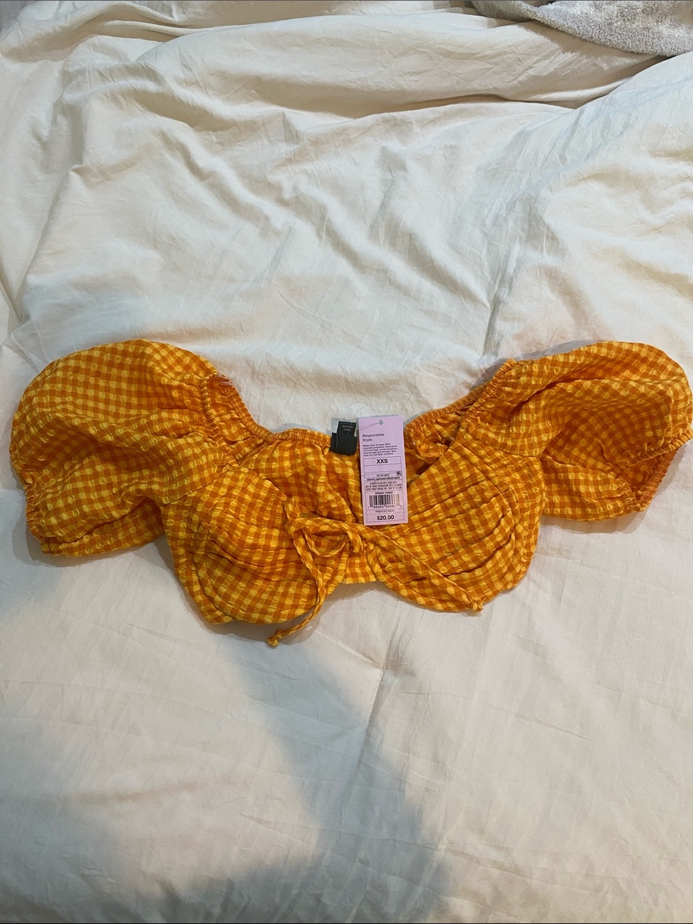 Women's Yellow & Orange Gingham Puff-Sleeve Crop Top